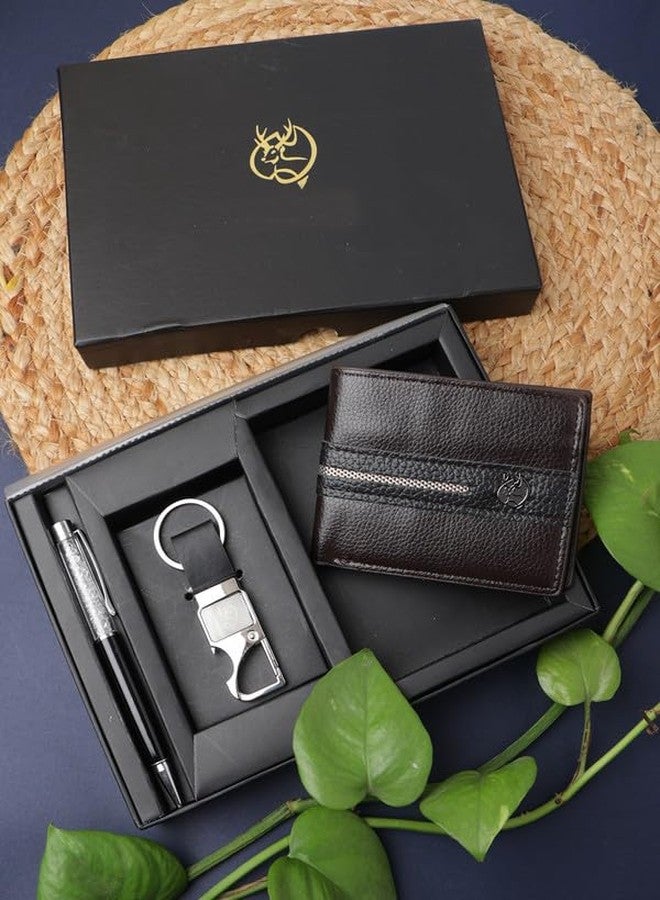 ZEVORA Pack of 3 Premium Leather Wallet Pen & Keychain Gift Set for Men - Stylish Bi-Fold Wallet with Pen & Keychain in Luxury Gift Box - Image 2